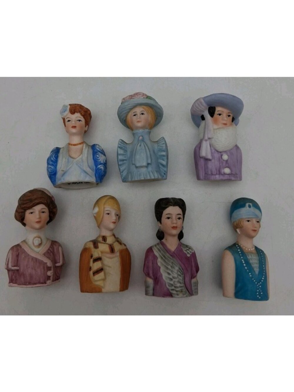 Avon Porcelain Ladies American Fashion Figural Thimbles 1980s Set of 7 1982-84